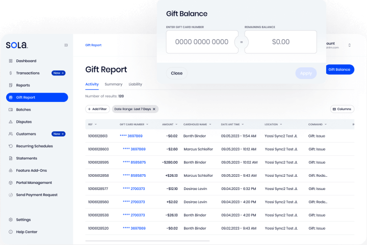 Group 831 tabular data of a merchant account showing gift card listings